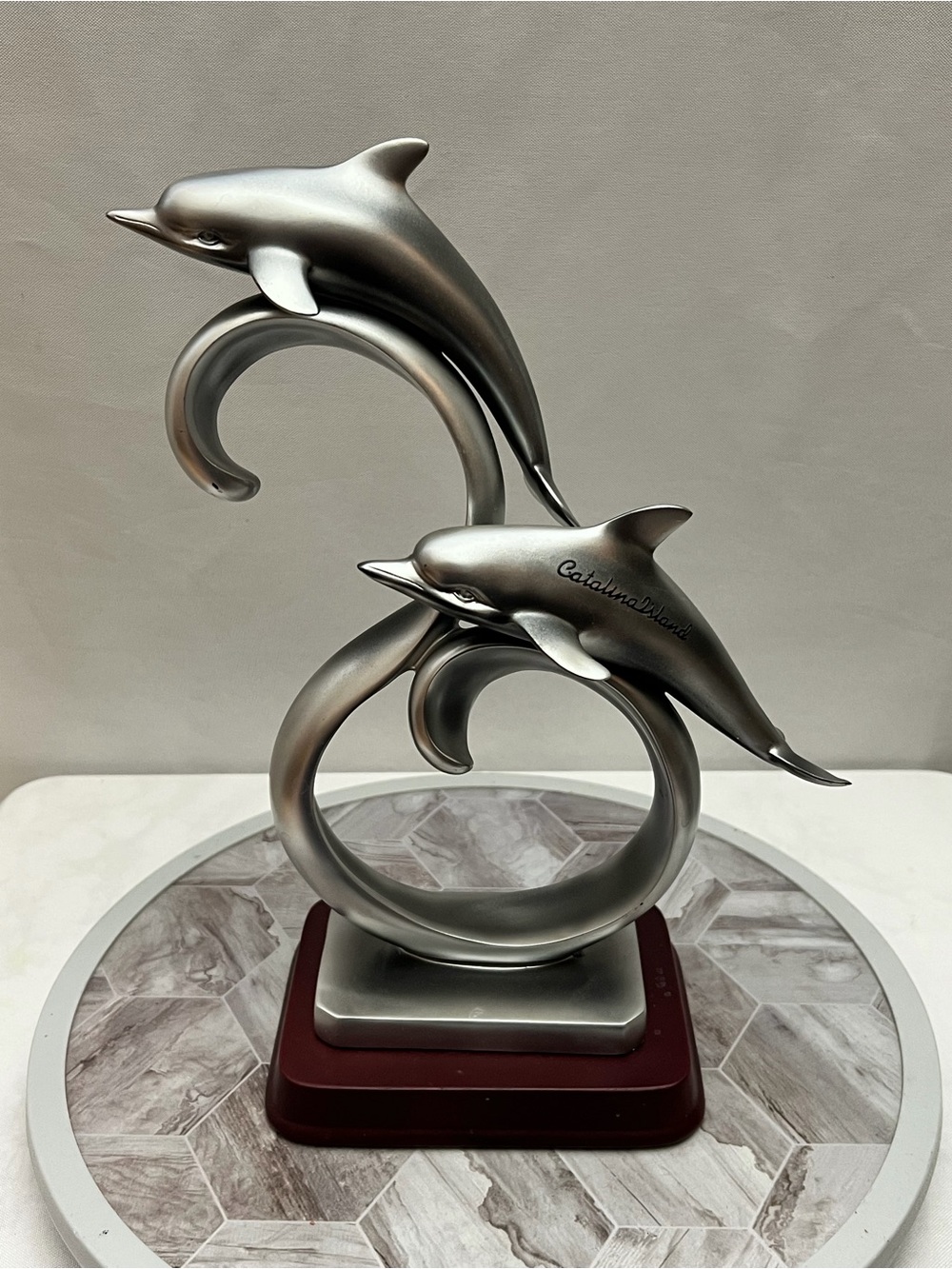 Catalina Island Dolphin Sculpture Statue Silver Finish Wood Base Coastal Decor